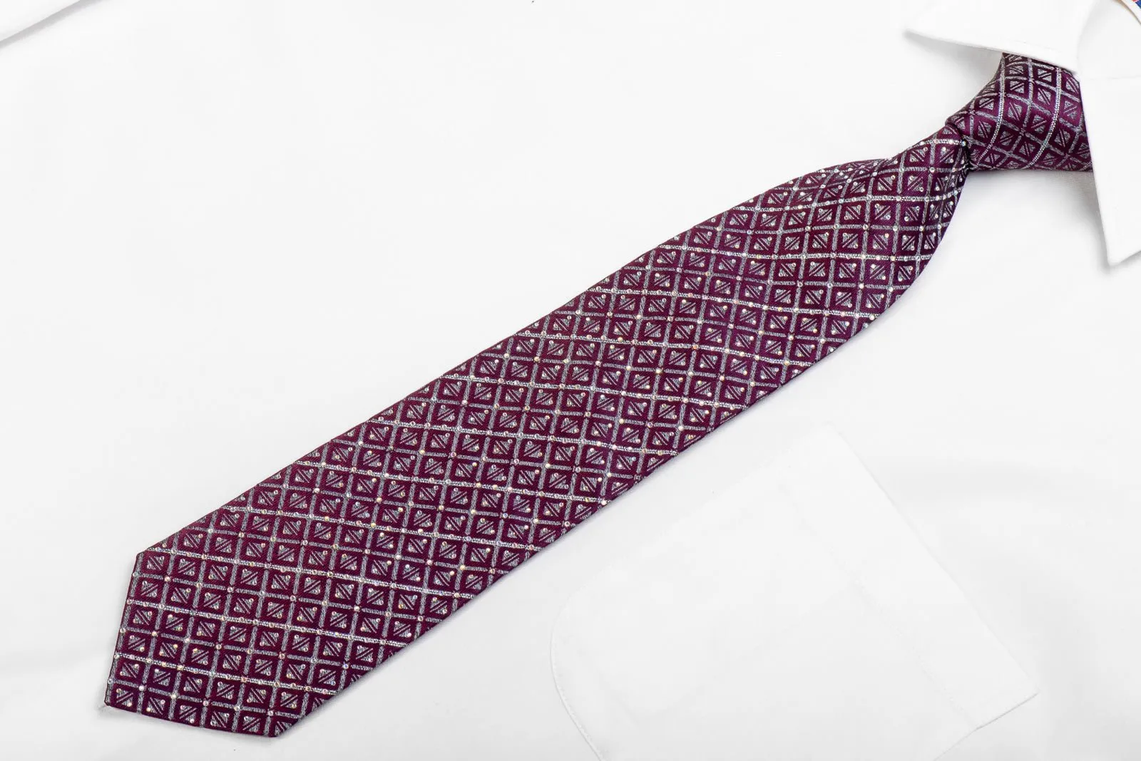 Bruno Baffi Men's Rhinestone Silk Necktie Purple Silver Geometric With Sparkles