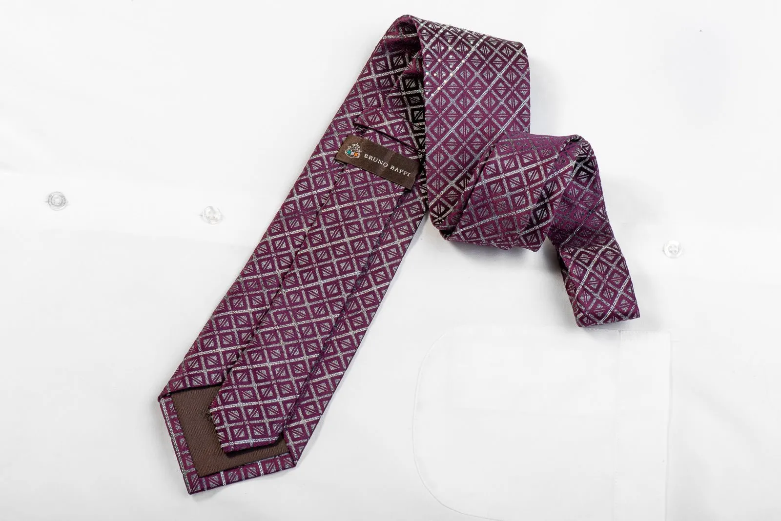 Bruno Baffi Men's Rhinestone Silk Necktie Purple Silver Geometric With Sparkles
