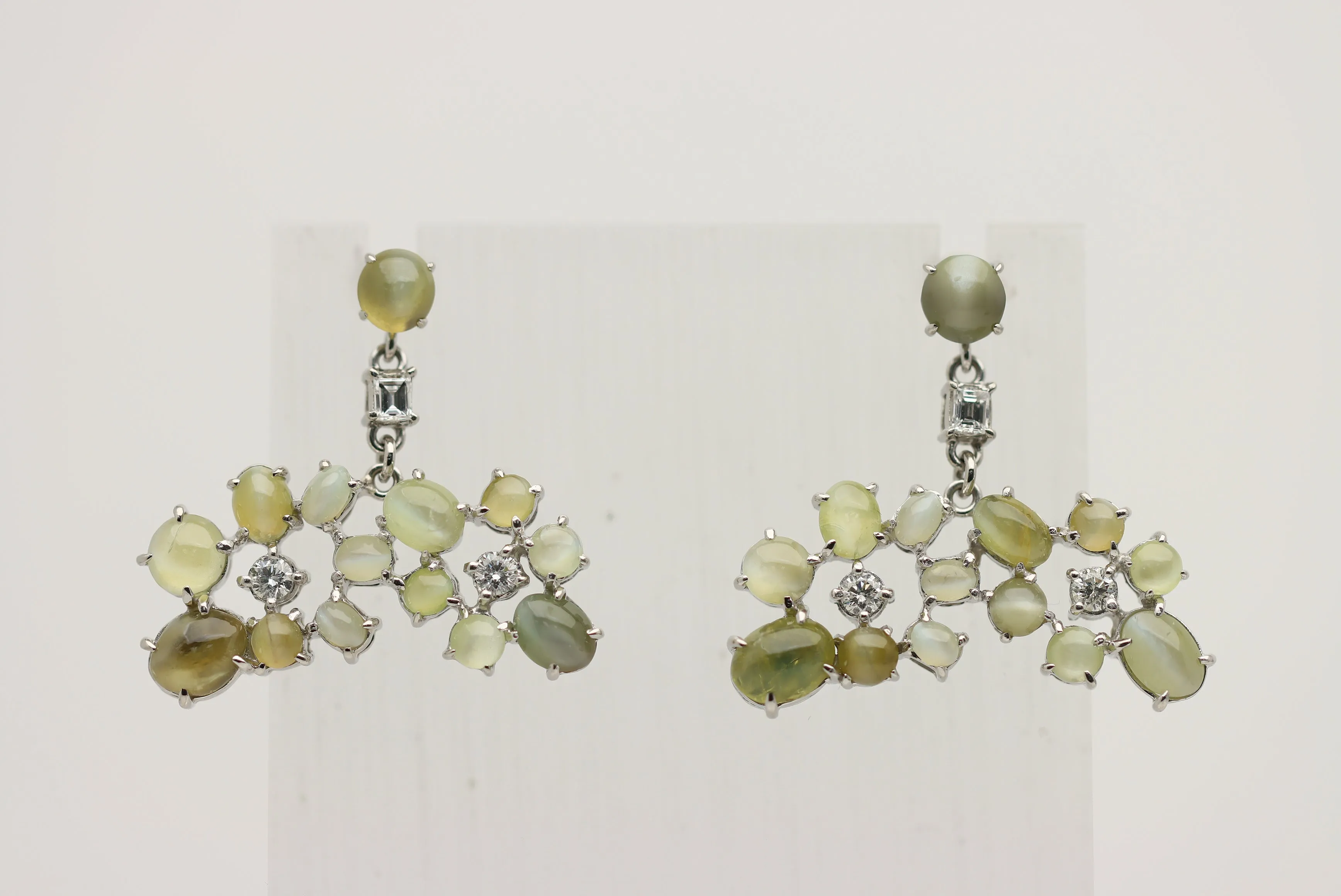 Cats Eye Chrysoberyl Diamond Platinum Drop Earrings
