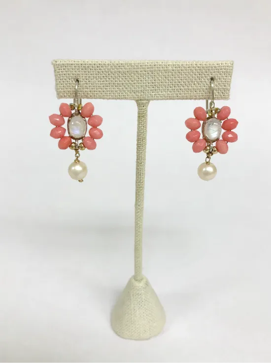 Coral Gems and Pearl Earrings | Moonstone Accent & Artisan Craftsmanship | By Pearly Girls