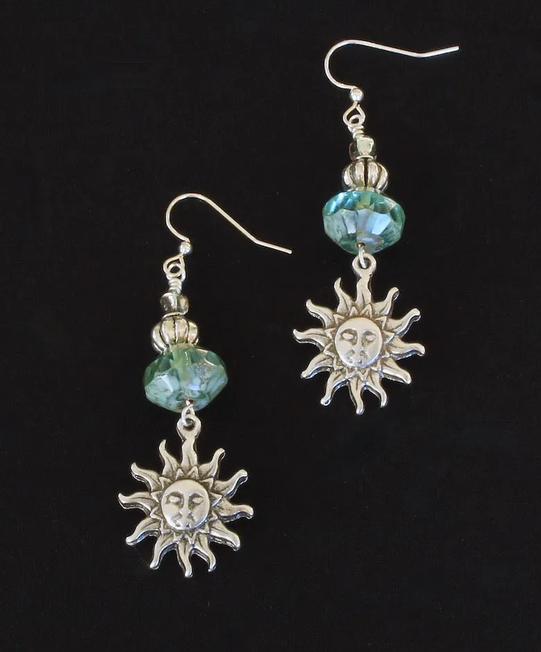 Czech Glass Aqua Saucer Earrings with Sterling Silver Beads, Sun Charms and Aqua Glass Triangles