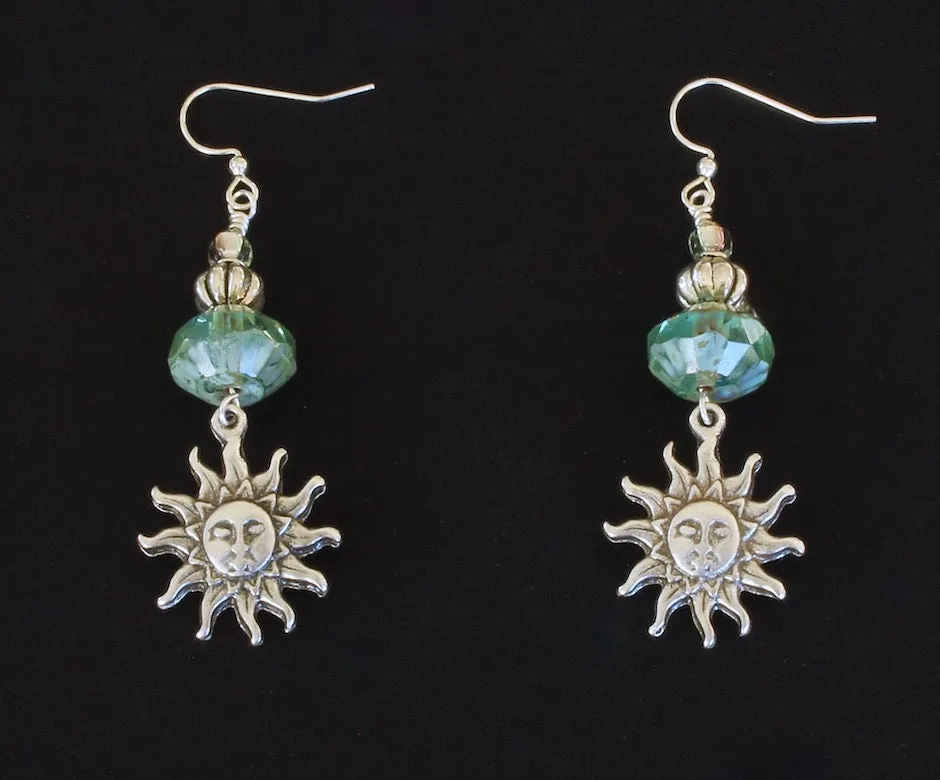 Czech Glass Aqua Saucer Earrings with Sterling Silver Beads, Sun Charms and Aqua Glass Triangles