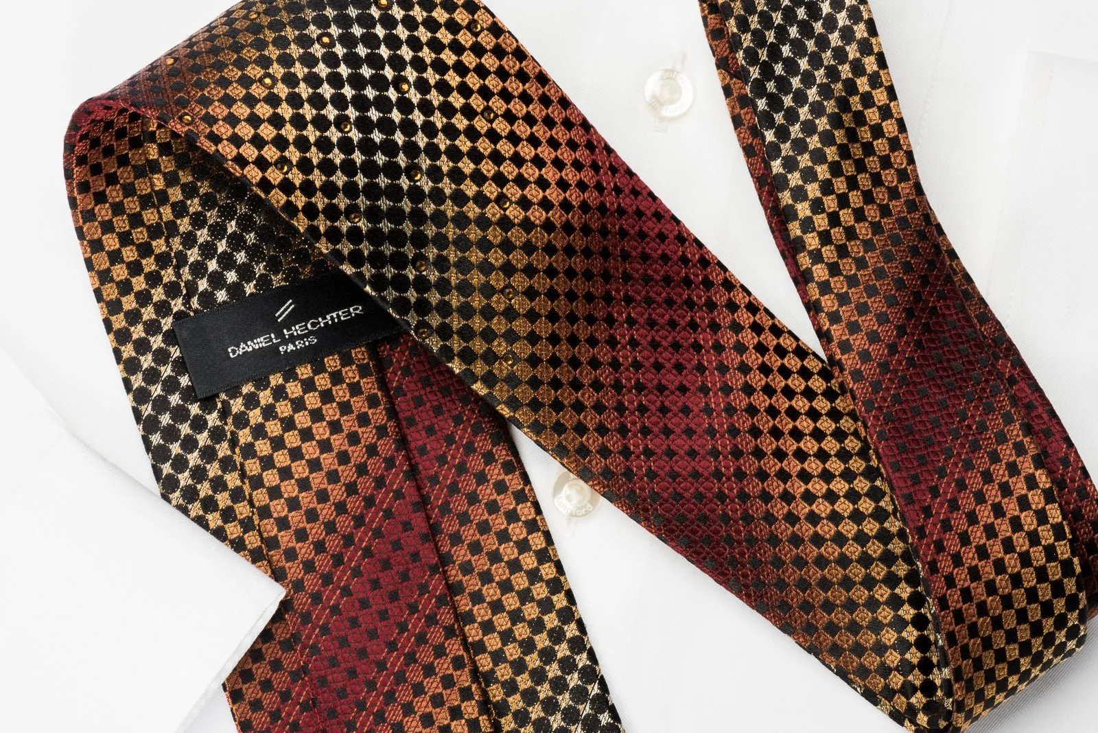 Daniel Hechter Silk Rhinestone Necktie Copper Black Checker With Silver Sparkles