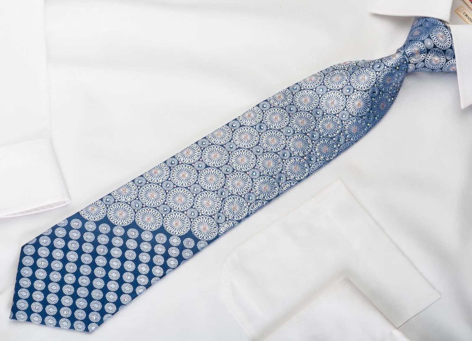 Daniel Hechter Silk Rhinestone Necktie Silver Medallions On Blue With Sparkles