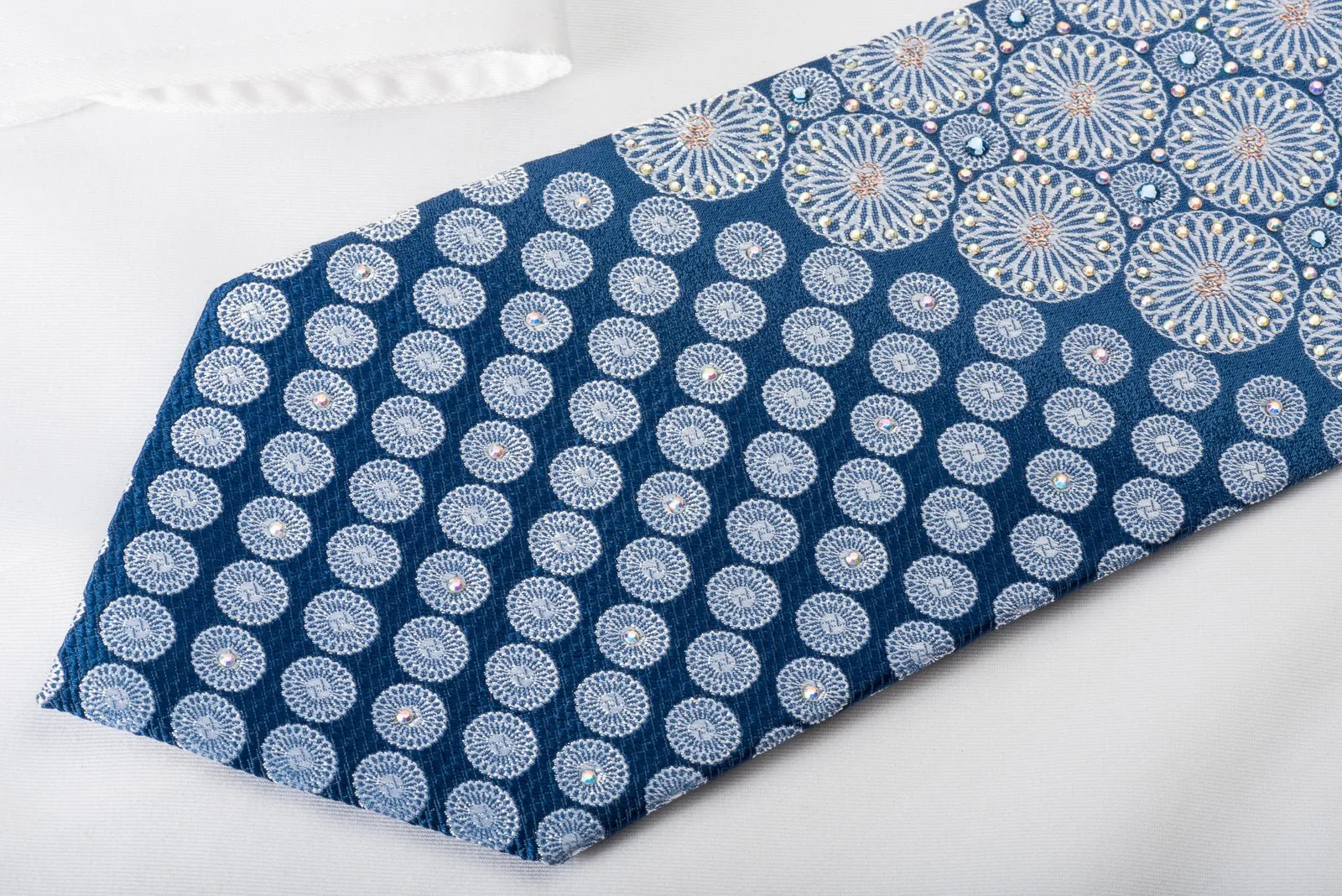 Daniel Hechter Silk Rhinestone Necktie Silver Medallions On Blue With Sparkles