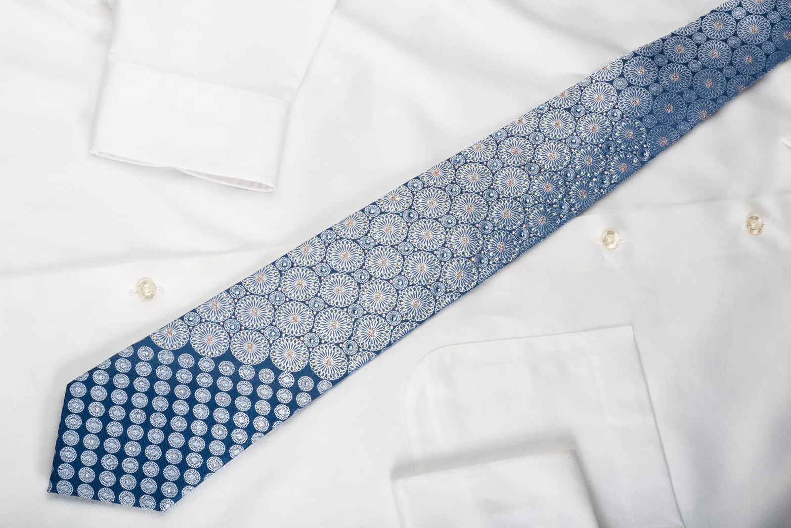 Daniel Hechter Silk Rhinestone Necktie Silver Medallions On Blue With Sparkles