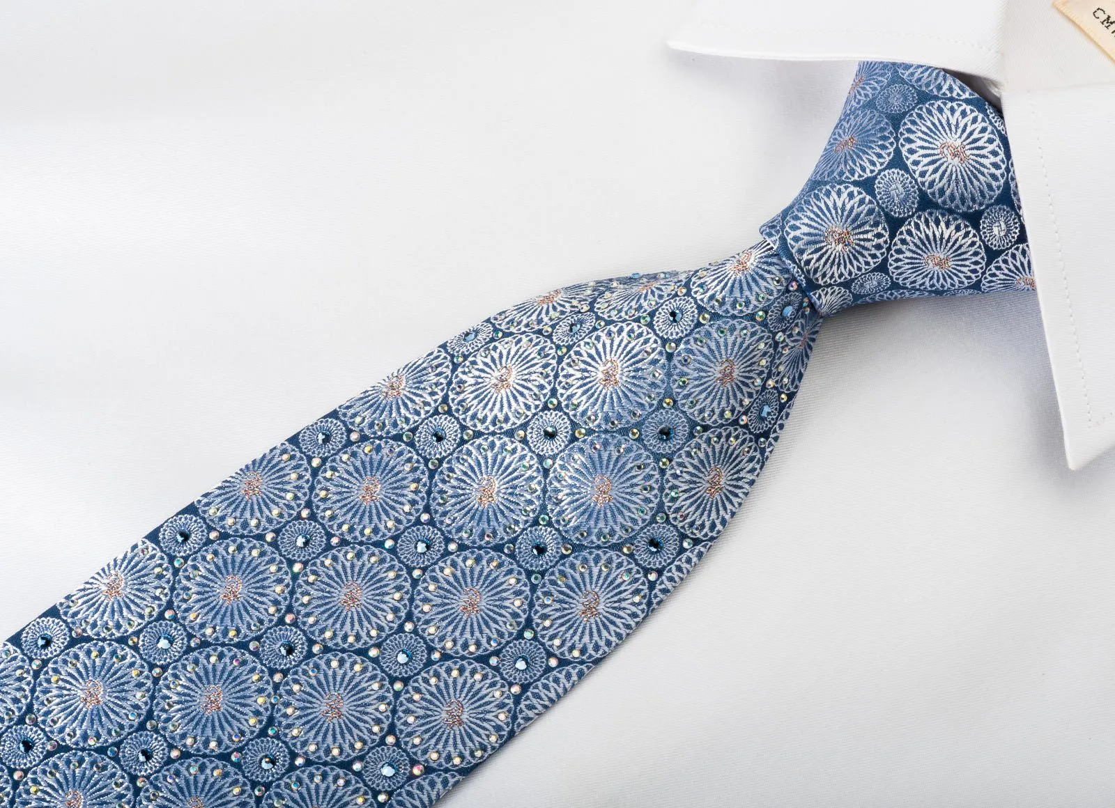 Daniel Hechter Silk Rhinestone Necktie Silver Medallions On Blue With Sparkles