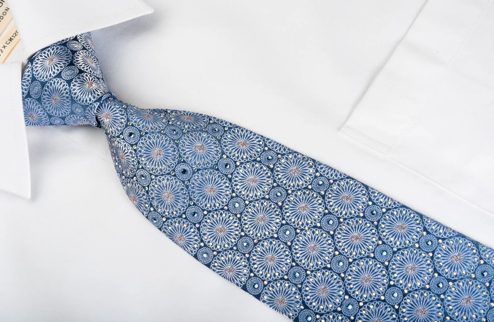 Daniel Hechter Silk Rhinestone Necktie Silver Medallions On Blue With Sparkles
