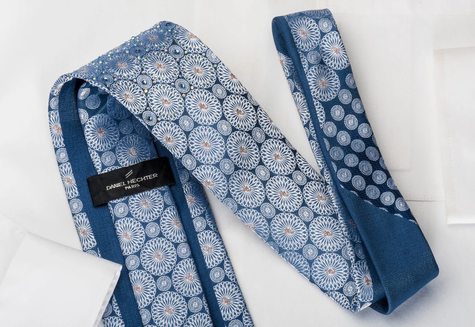 Daniel Hechter Silk Rhinestone Necktie Silver Medallions On Blue With Sparkles