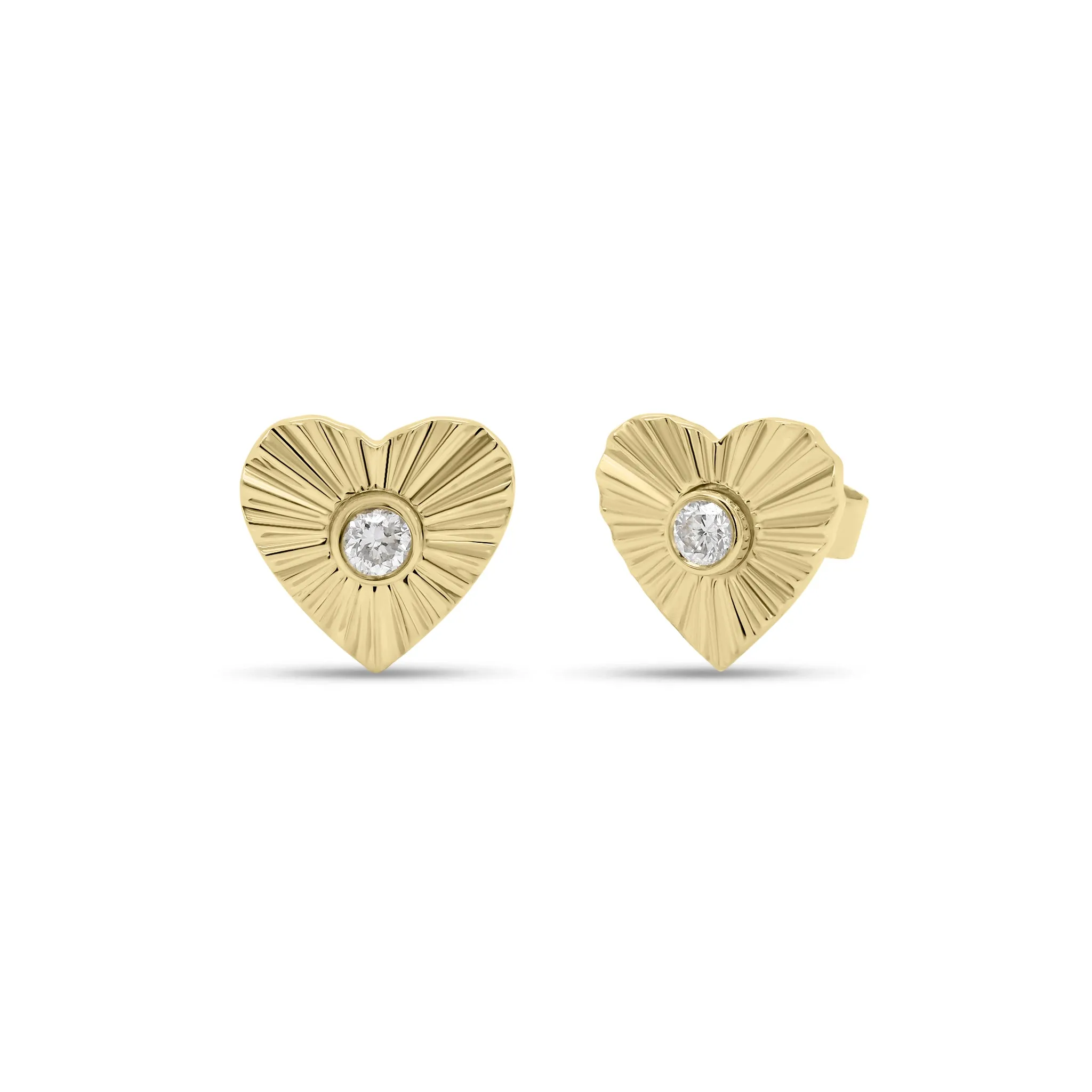Diamond & Gold Ridged Heart Stud Earrings