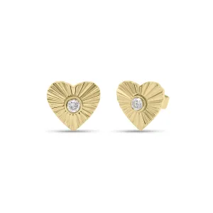 Diamond & Gold Ridged Heart Stud Earrings