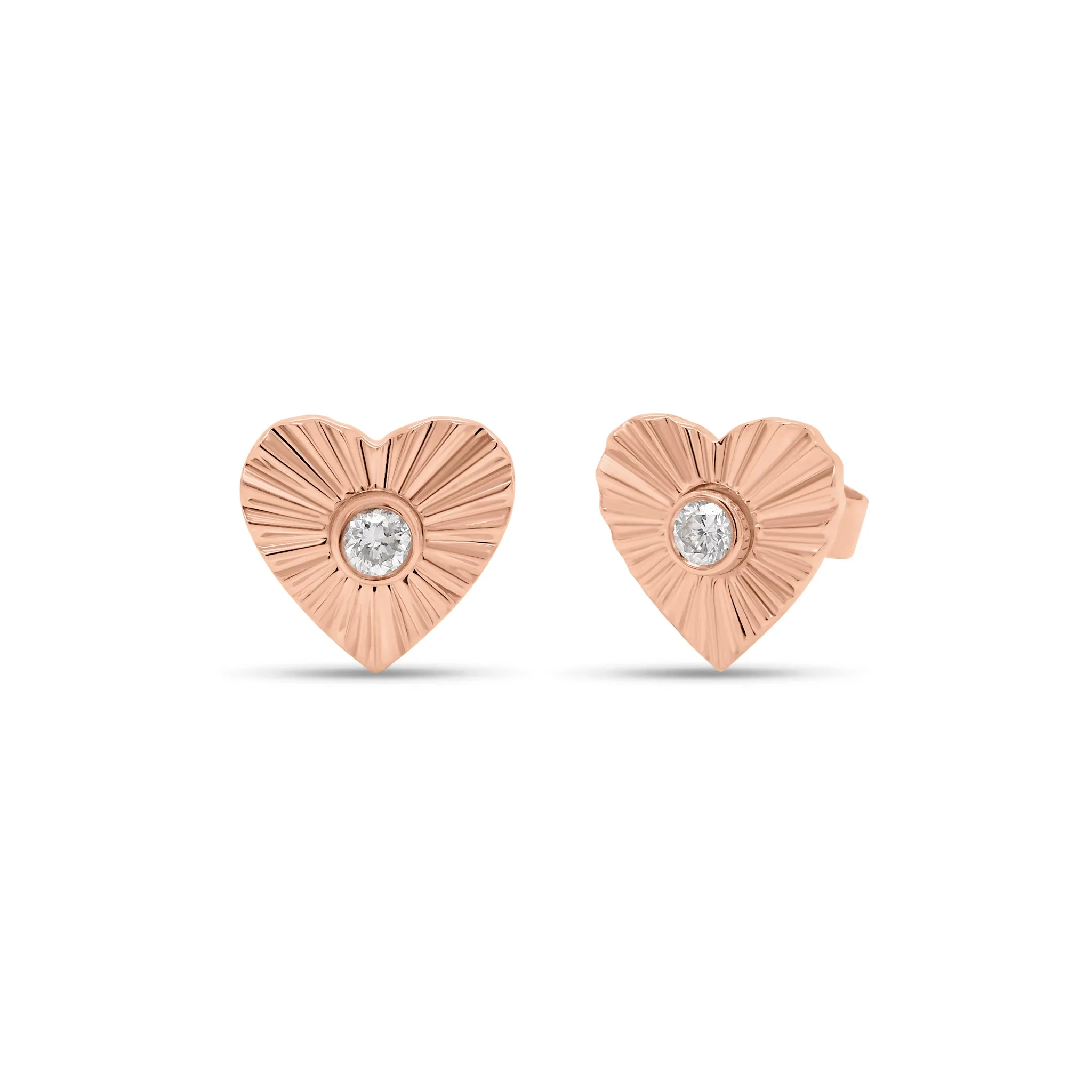 Diamond & Gold Ridged Heart Stud Earrings