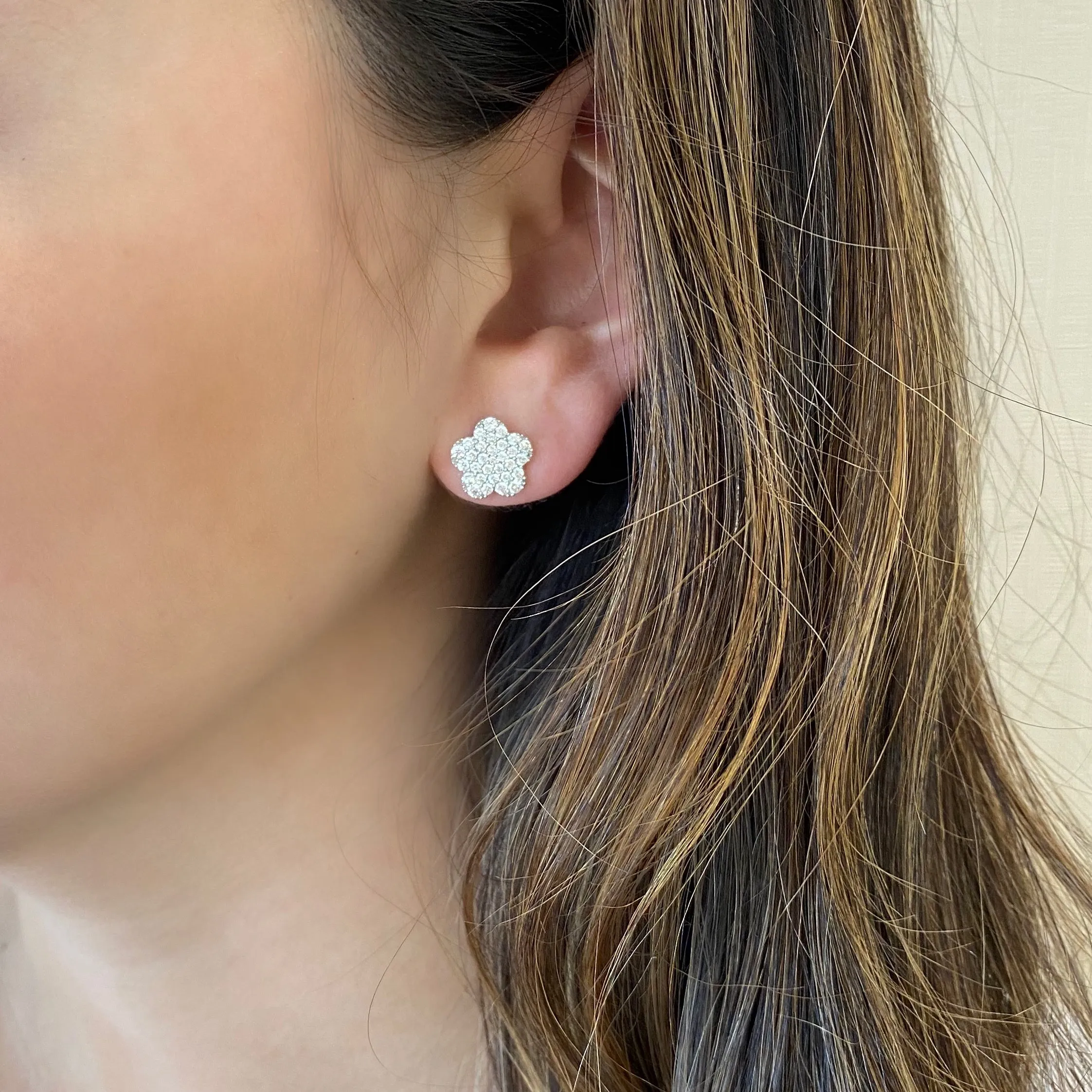 Diamond Pave Five-Petal Flower Stud Earrings