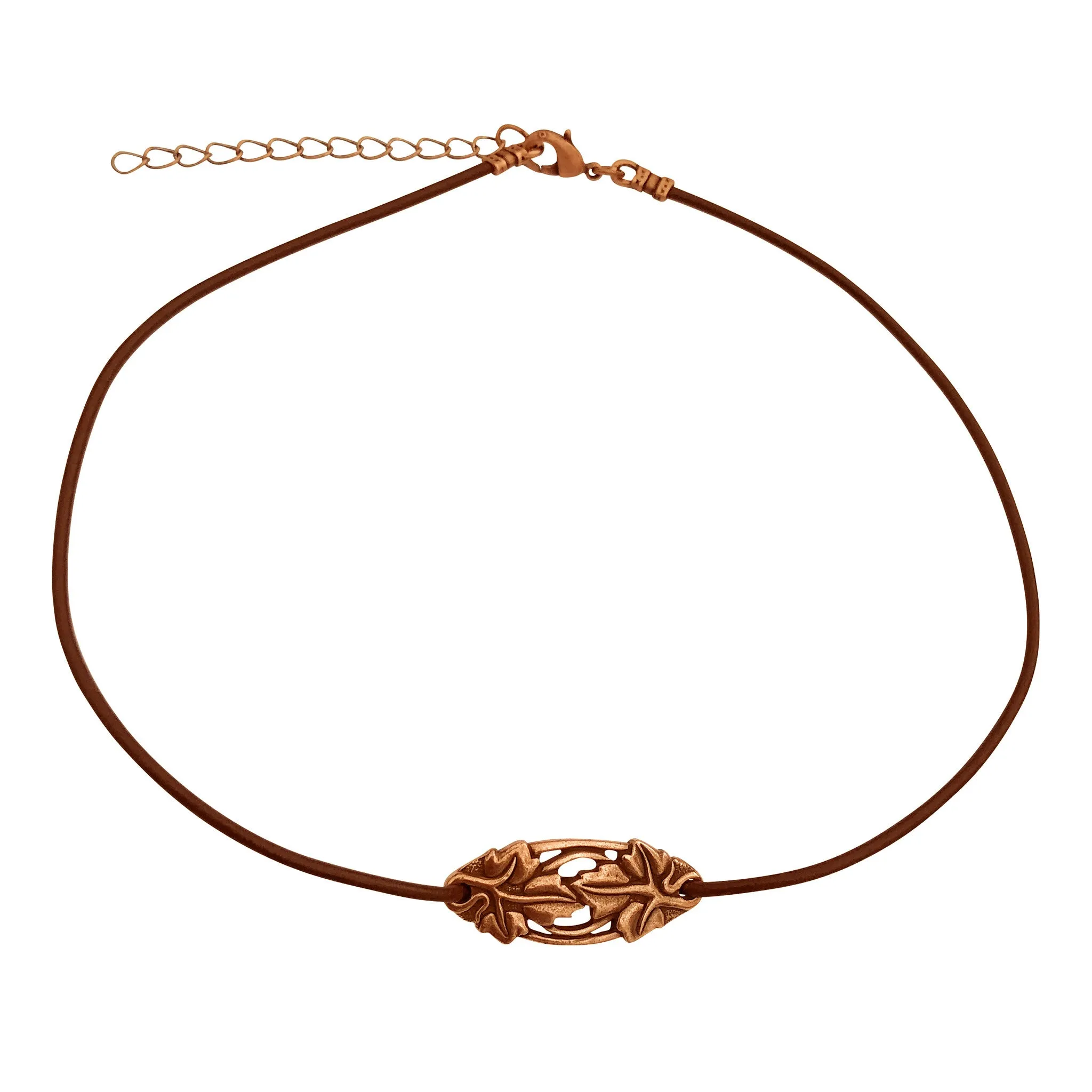 DragonWeave Elven Ivy Charm Necklace and Earring Set, Antique Copper Brown Leather Choker and Leverback Earrings