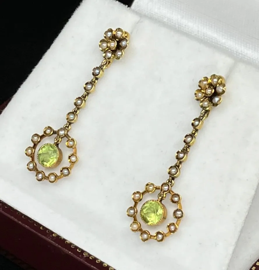 Edwardian Peridot and Pearl Drop Earrings