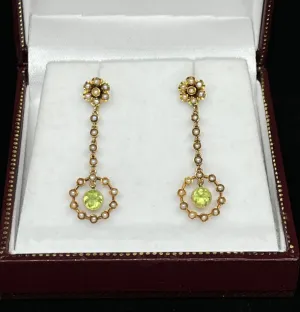 Edwardian Peridot and Pearl Drop Earrings