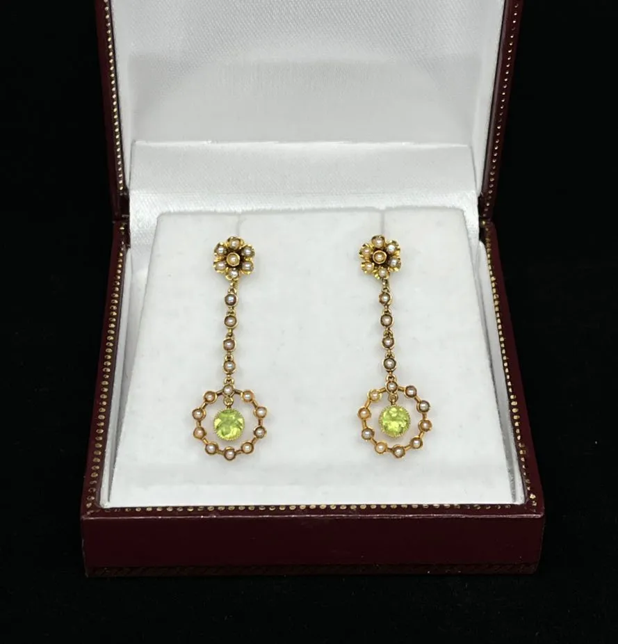 Edwardian Peridot and Pearl Drop Earrings