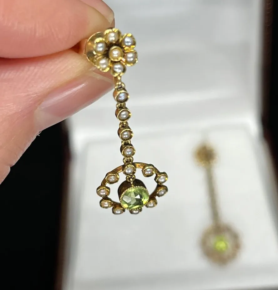Edwardian Peridot and Pearl Drop Earrings