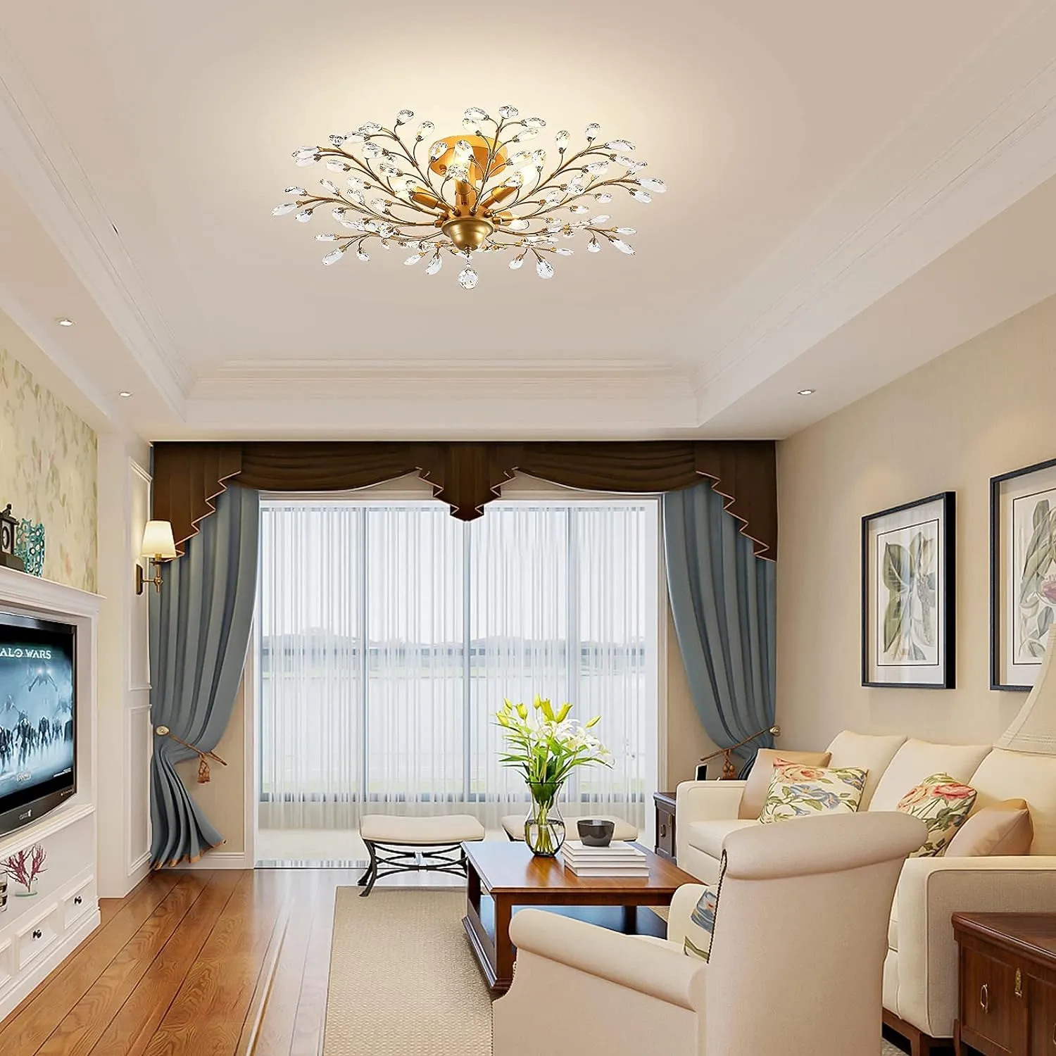 Elegant Gold Crystal LED Chandelier, 5 Lights, 80 cm