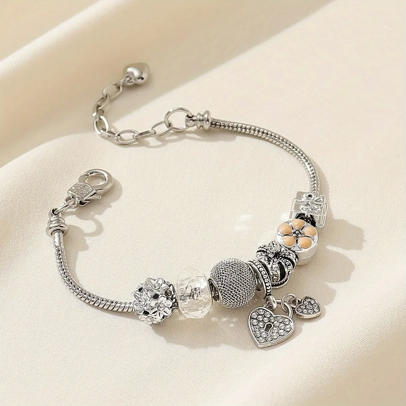 Elegant Heart Pendant Bracelet with Flower Beads Handmade Jewelry
