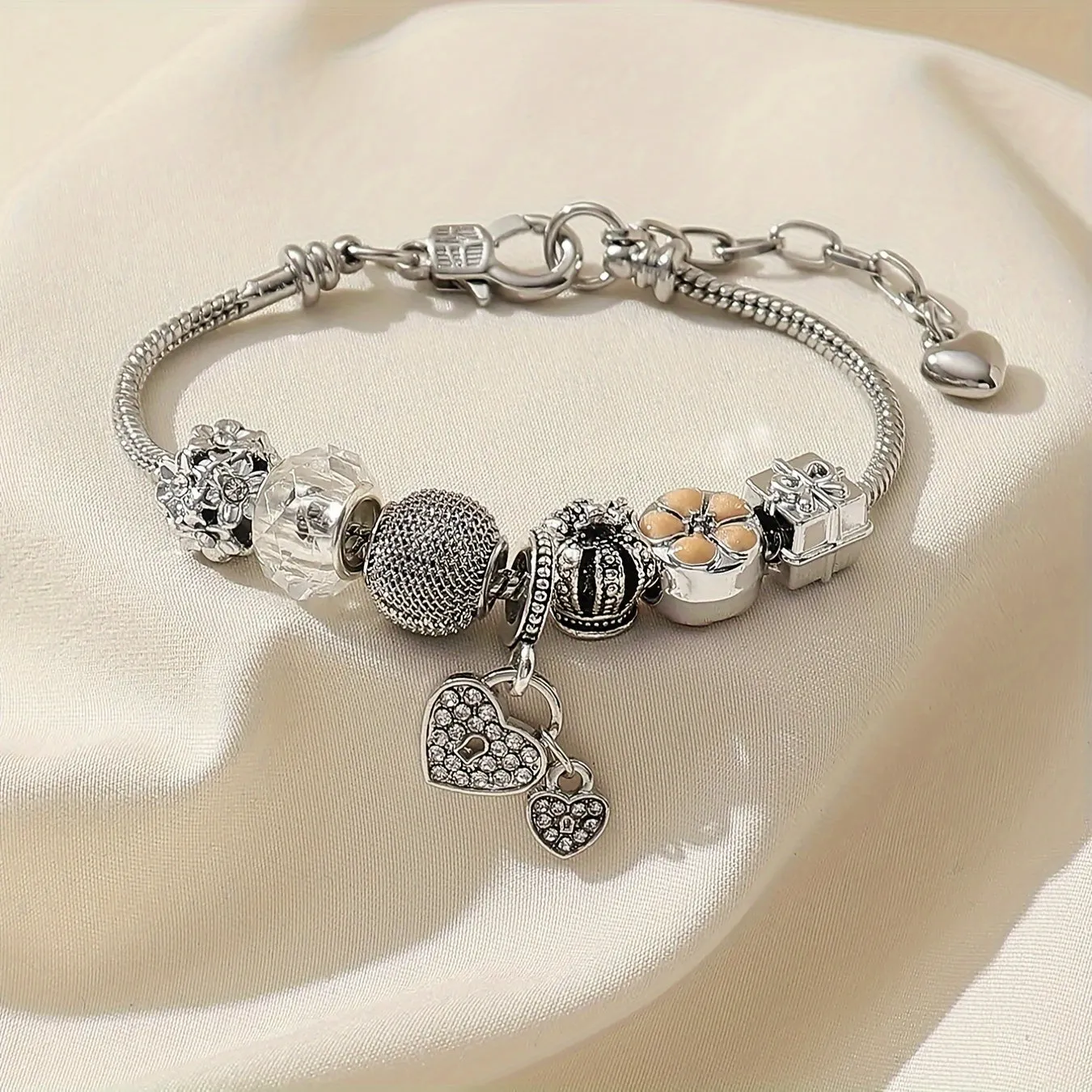 Elegant Heart Pendant Bracelet with Flower Beads Handmade Jewelry