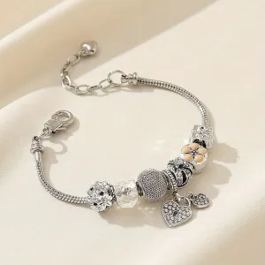 Elegant Heart Pendant Bracelet with Flower Beads Handmade Jewelry