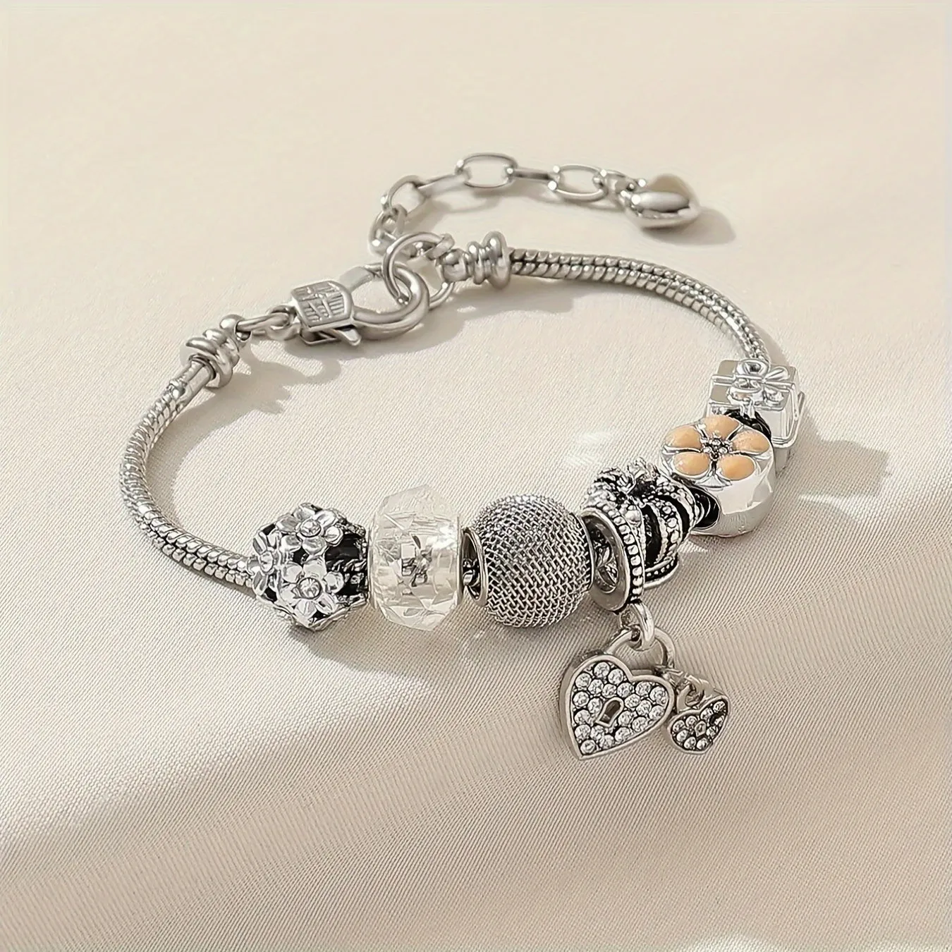 Elegant Heart Pendant Bracelet with Flower Beads Handmade Jewelry