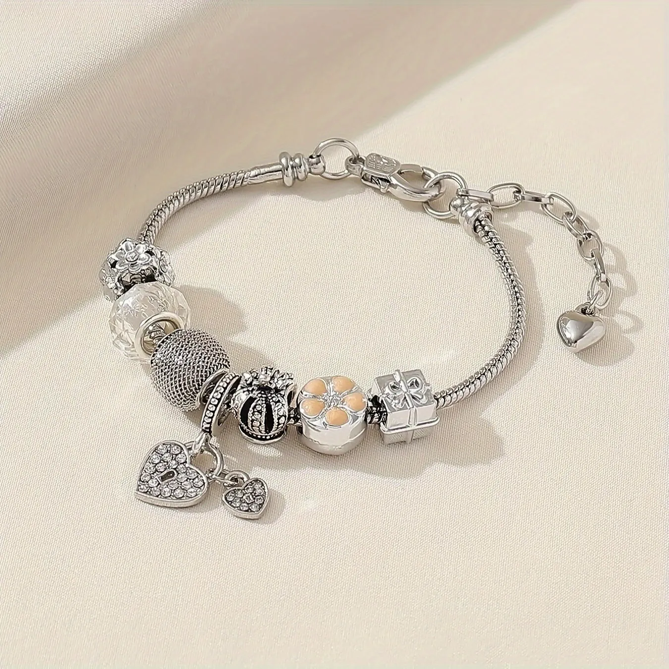Elegant Heart Pendant Bracelet with Flower Beads Handmade Jewelry