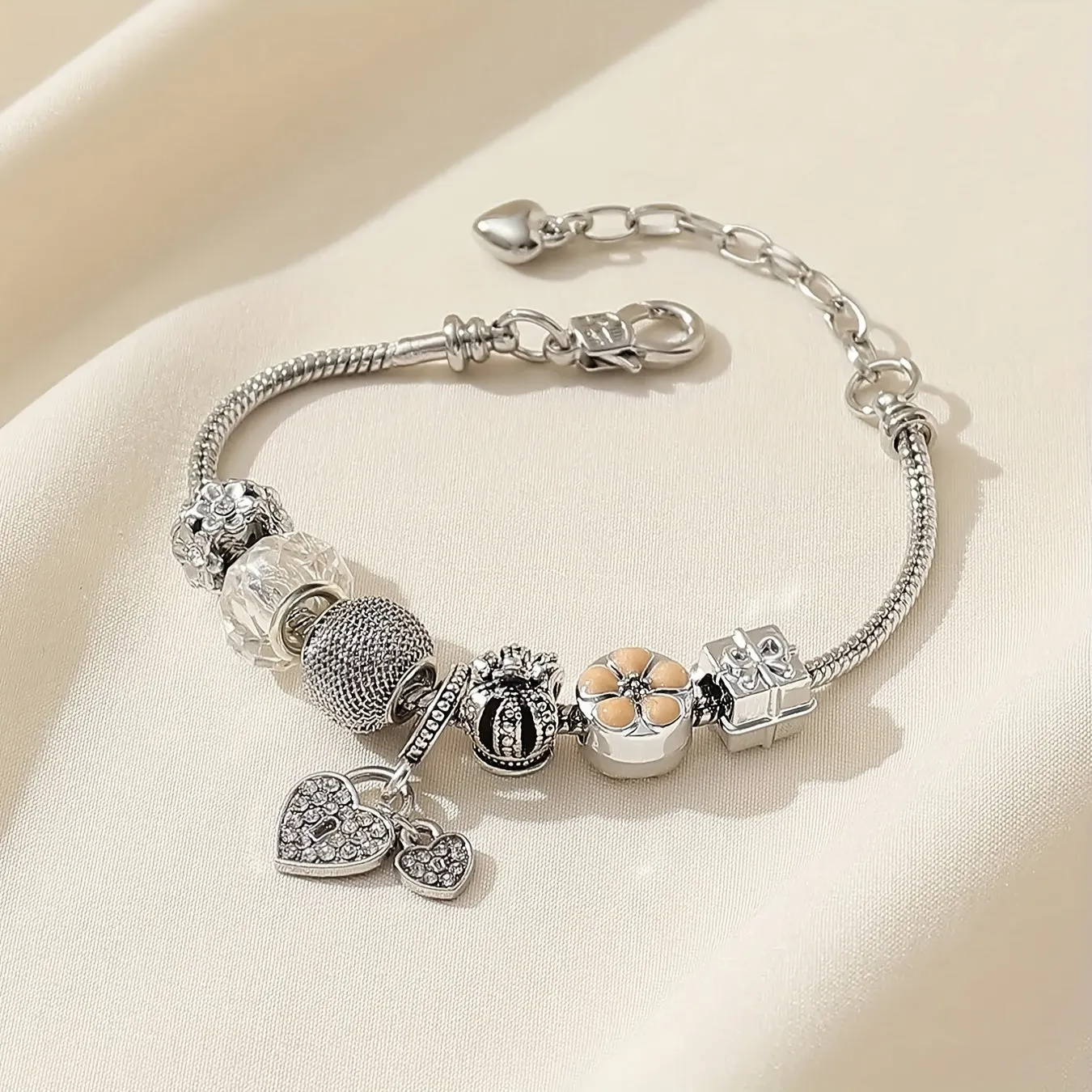 Elegant Heart Pendant Bracelet with Flower Beads Handmade Jewelry
