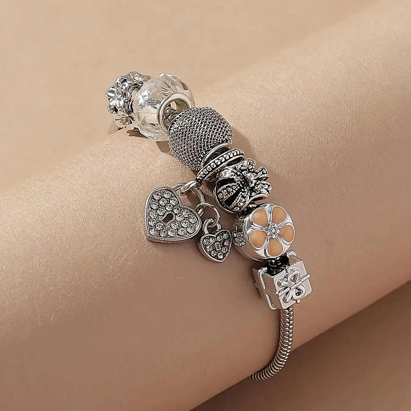 Elegant Heart Pendant Bracelet with Flower Beads Handmade Jewelry