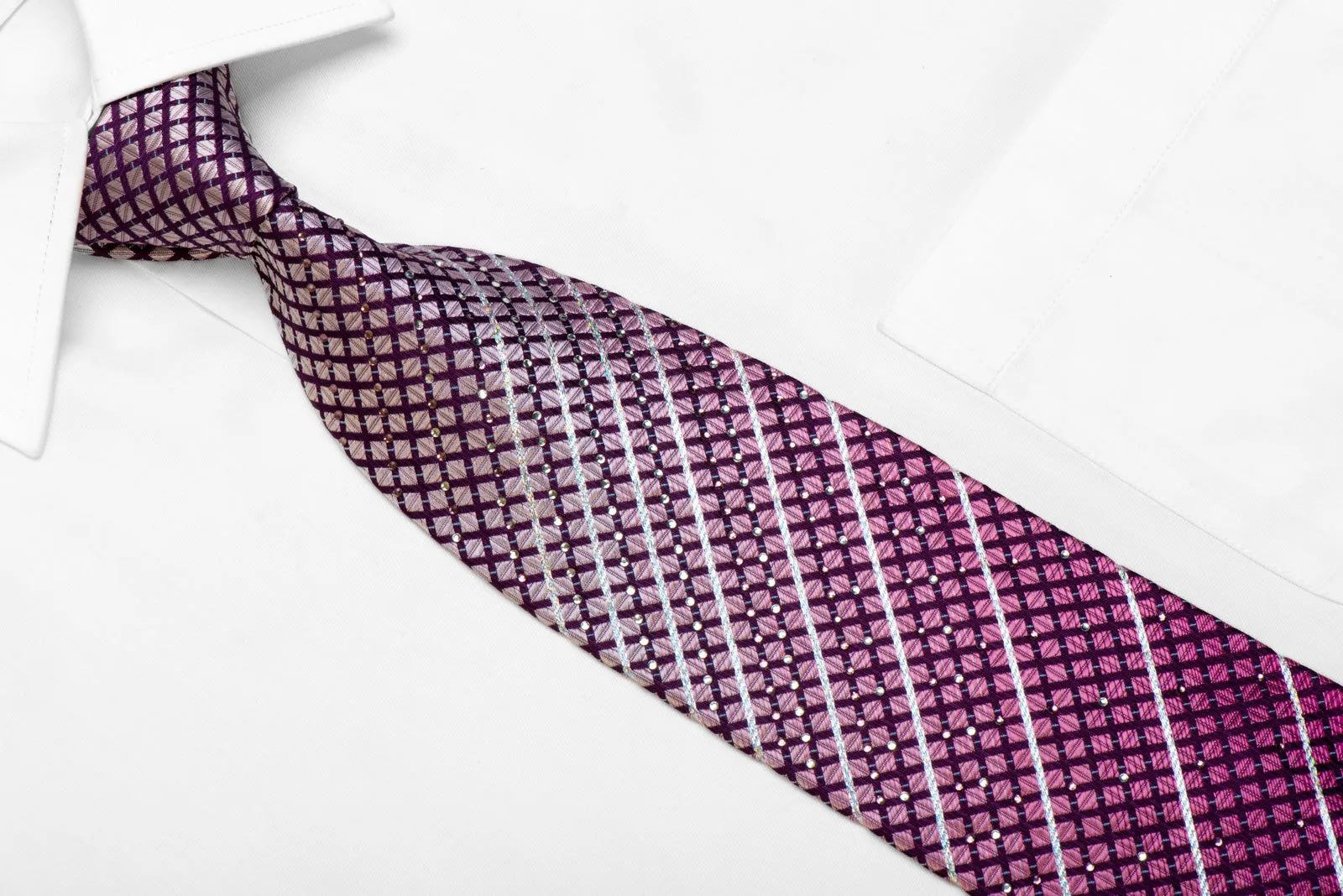 Elle Homme Rhinestone Silk Necktie Silver Striped Checkered On Purple With Sparkles