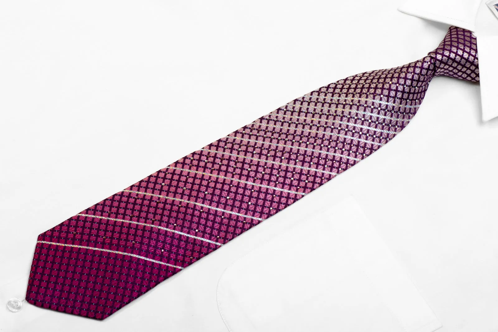 Elle Homme Rhinestone Silk Necktie Silver Striped Checkered On Purple With Sparkles