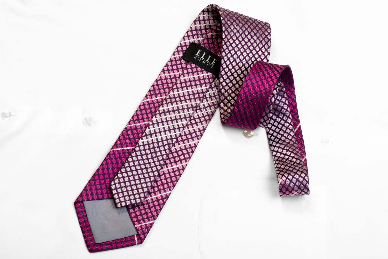 Elle Homme Rhinestone Silk Necktie Silver Striped Checkered On Purple With Sparkles