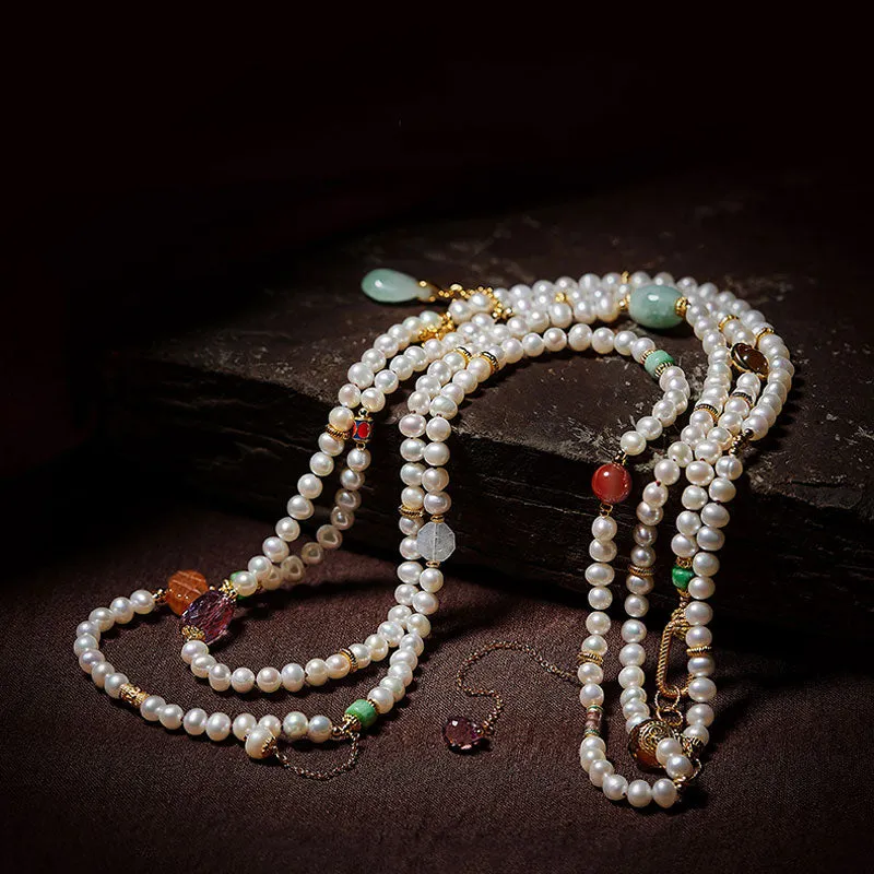Exclusive Design Chinese Style Vintage Pearl Necklace with Fine Jade Tourmaline Gems