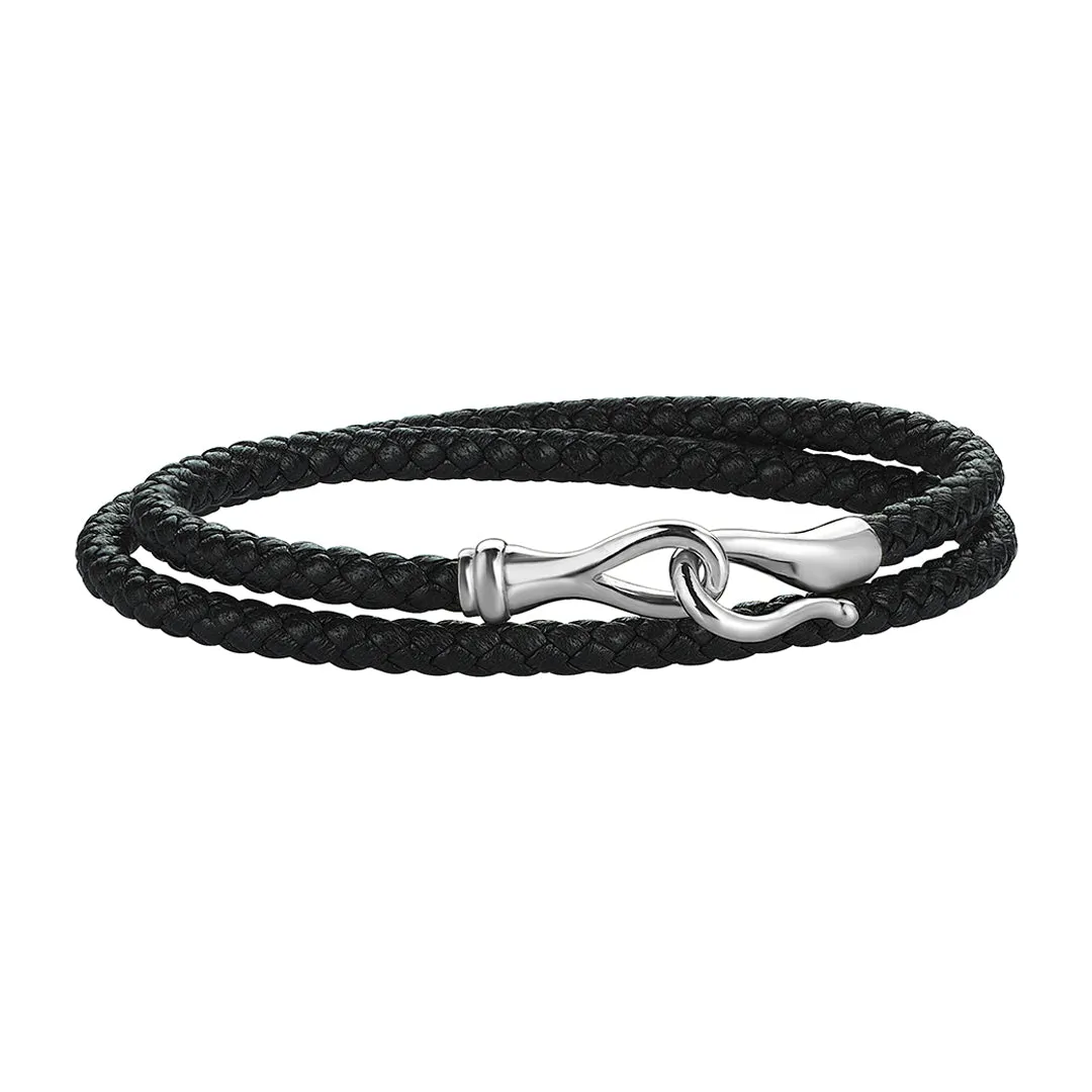 Fish Hook Wrap Leather Bracelet in Silver