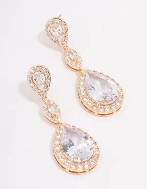 Gold Large Triangular Pear Crystal Drop Earrings