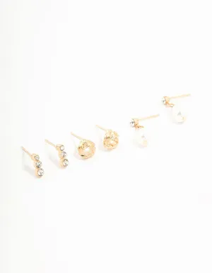 Gold Pearl & Diamante Stud Earrings 3-Pack