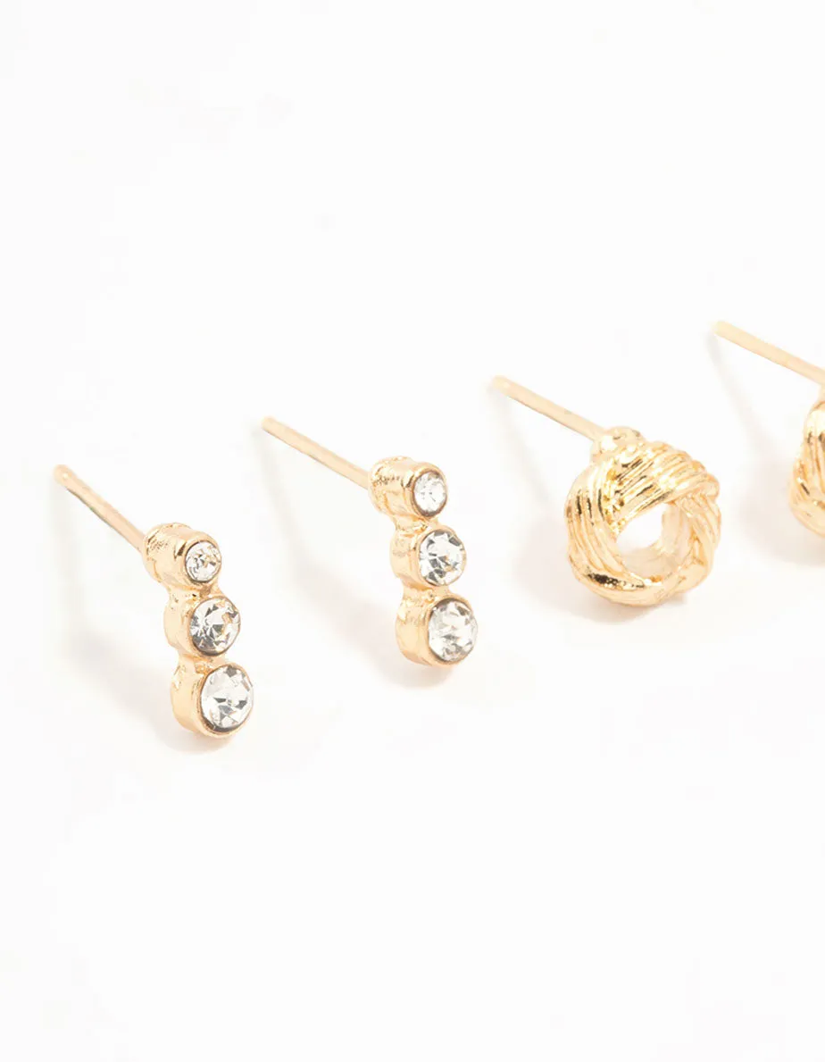 Gold Pearl & Diamante Stud Earrings 3-Pack