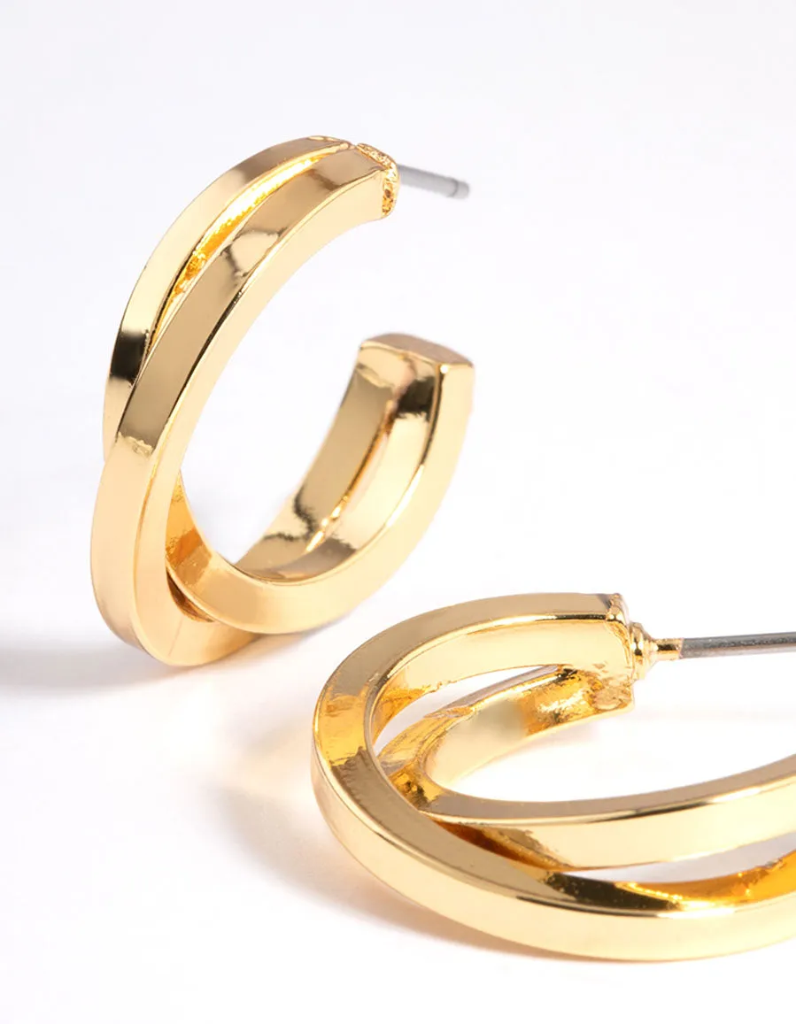 Gold Plated Square Crossover Double Hoop Earrings