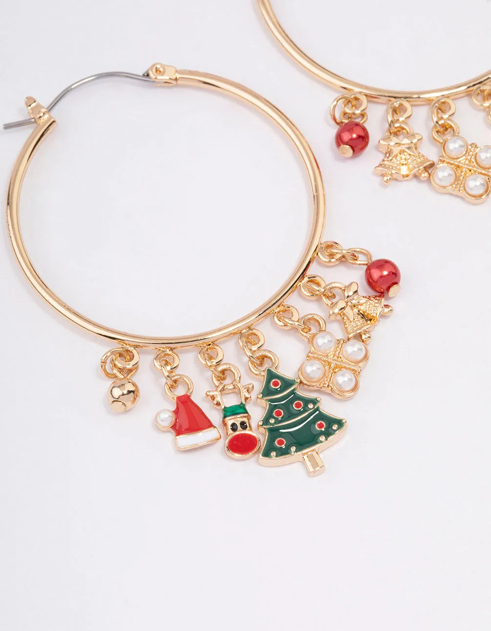 Gold Tree & Santa Charm Hoop Earrings