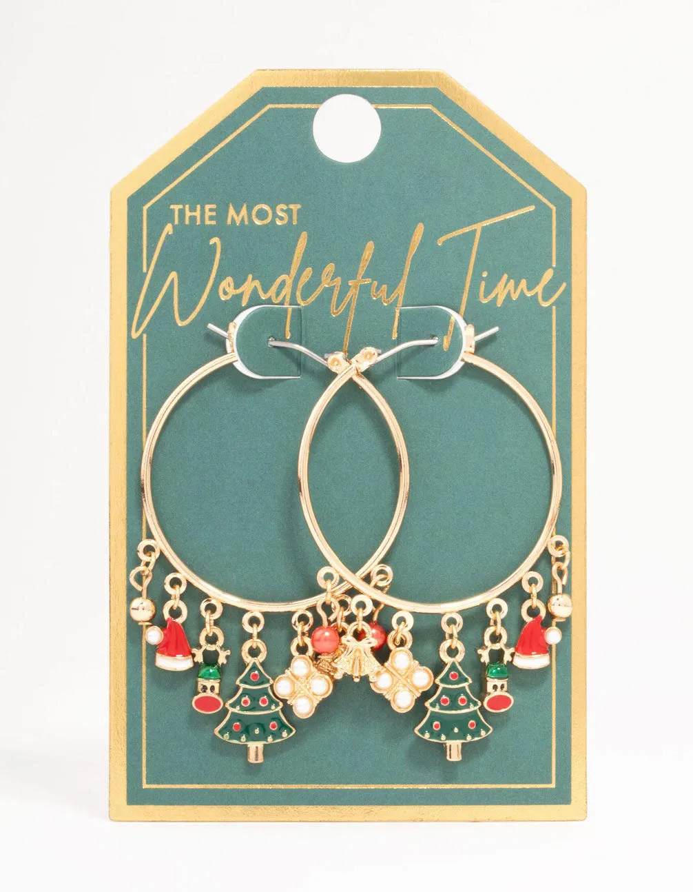 Gold Tree & Santa Charm Hoop Earrings