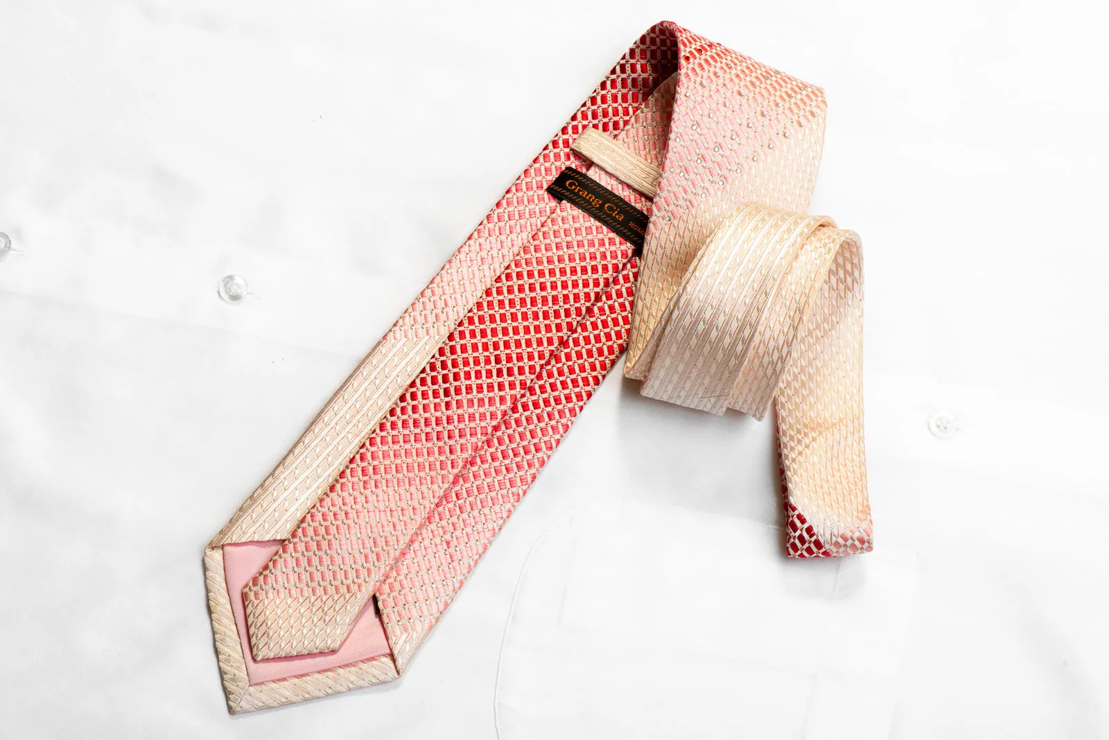 Grang Cia Silk Rhinestone Necktie Red Geometric On Pink With Sparkles