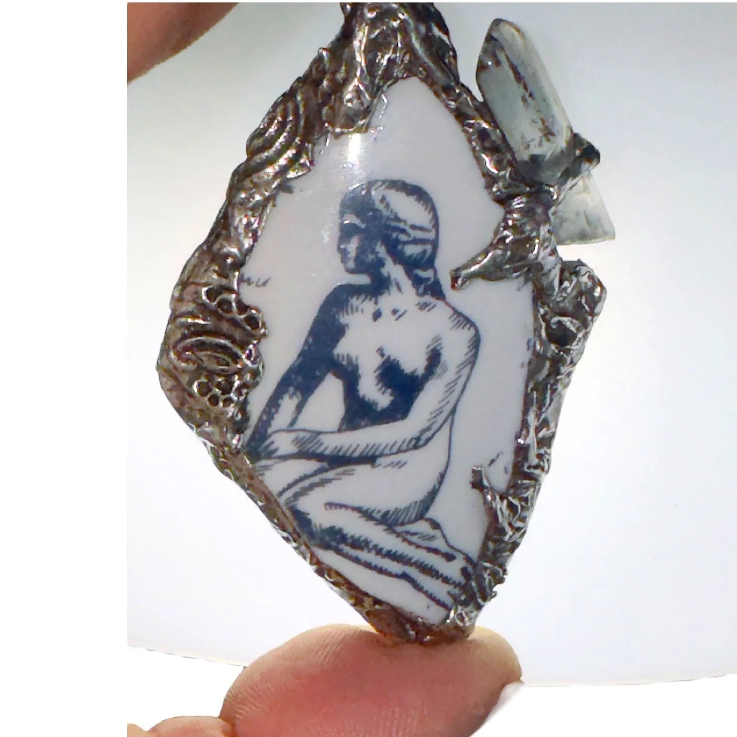 Handcrafted Little Mermaid Pendant From Broken Denmark Comm. Cup & Quartz Accent
