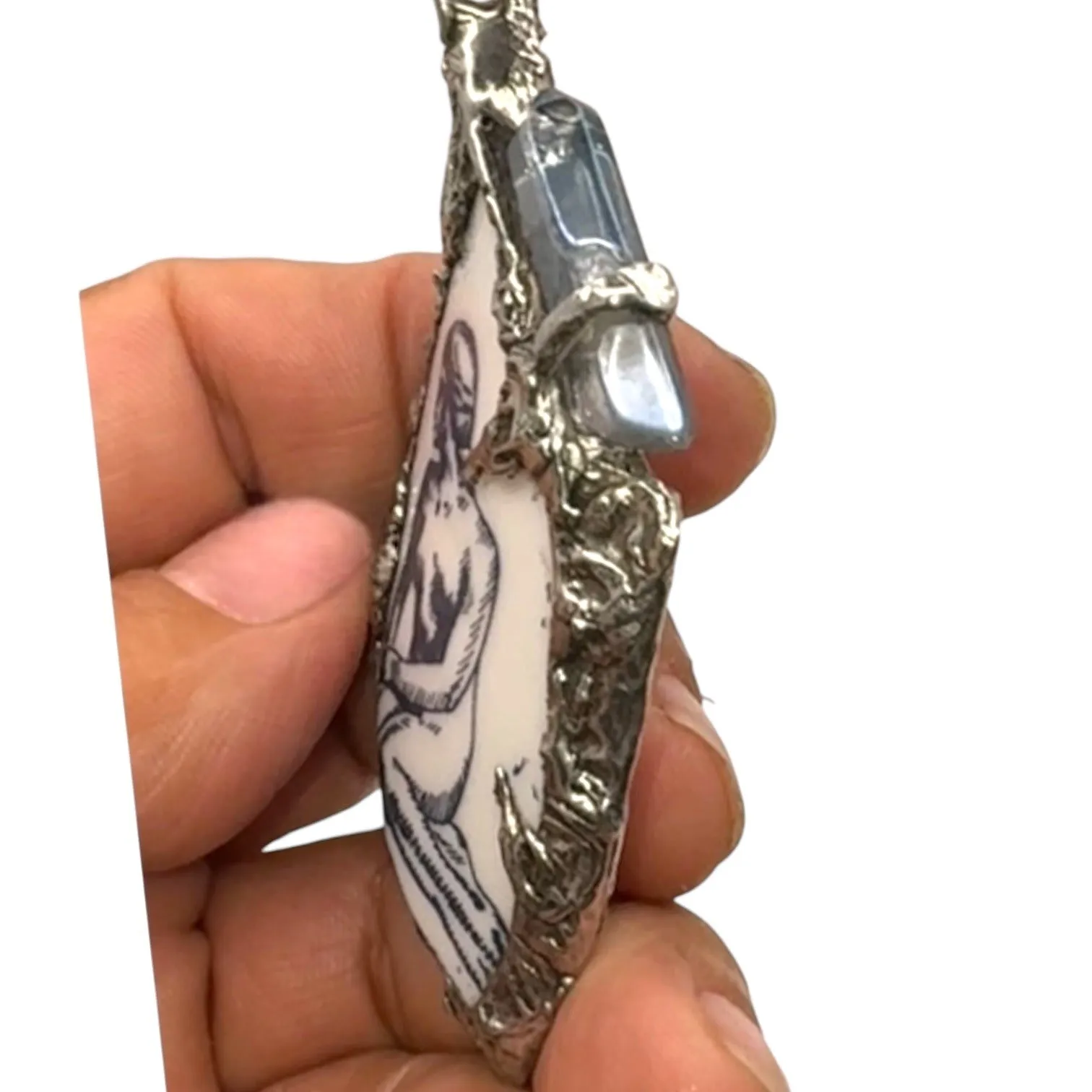 Handcrafted Little Mermaid Pendant From Broken Denmark Comm. Cup & Quartz Accent
