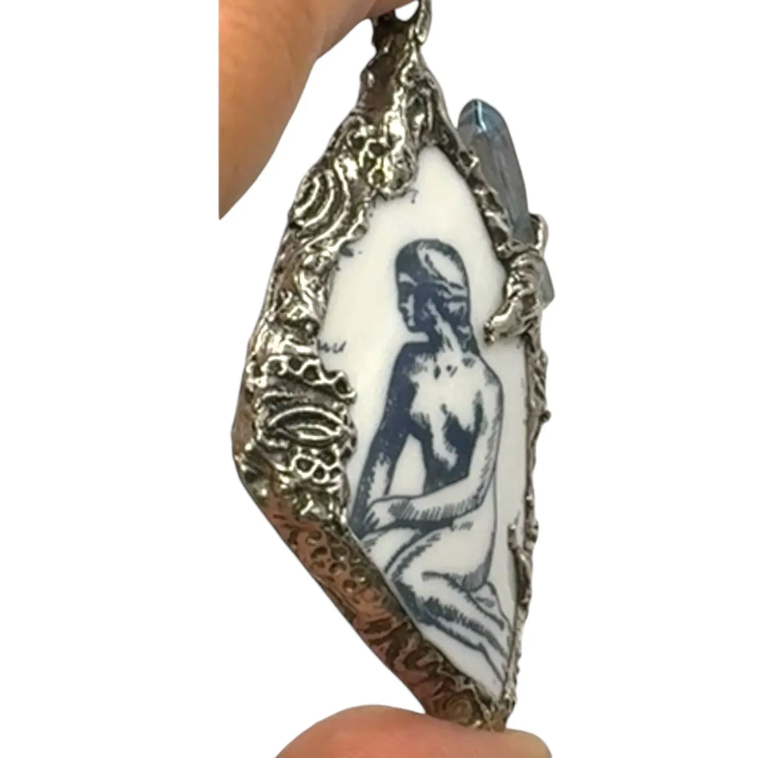 Handcrafted Little Mermaid Pendant From Broken Denmark Comm. Cup & Quartz Accent