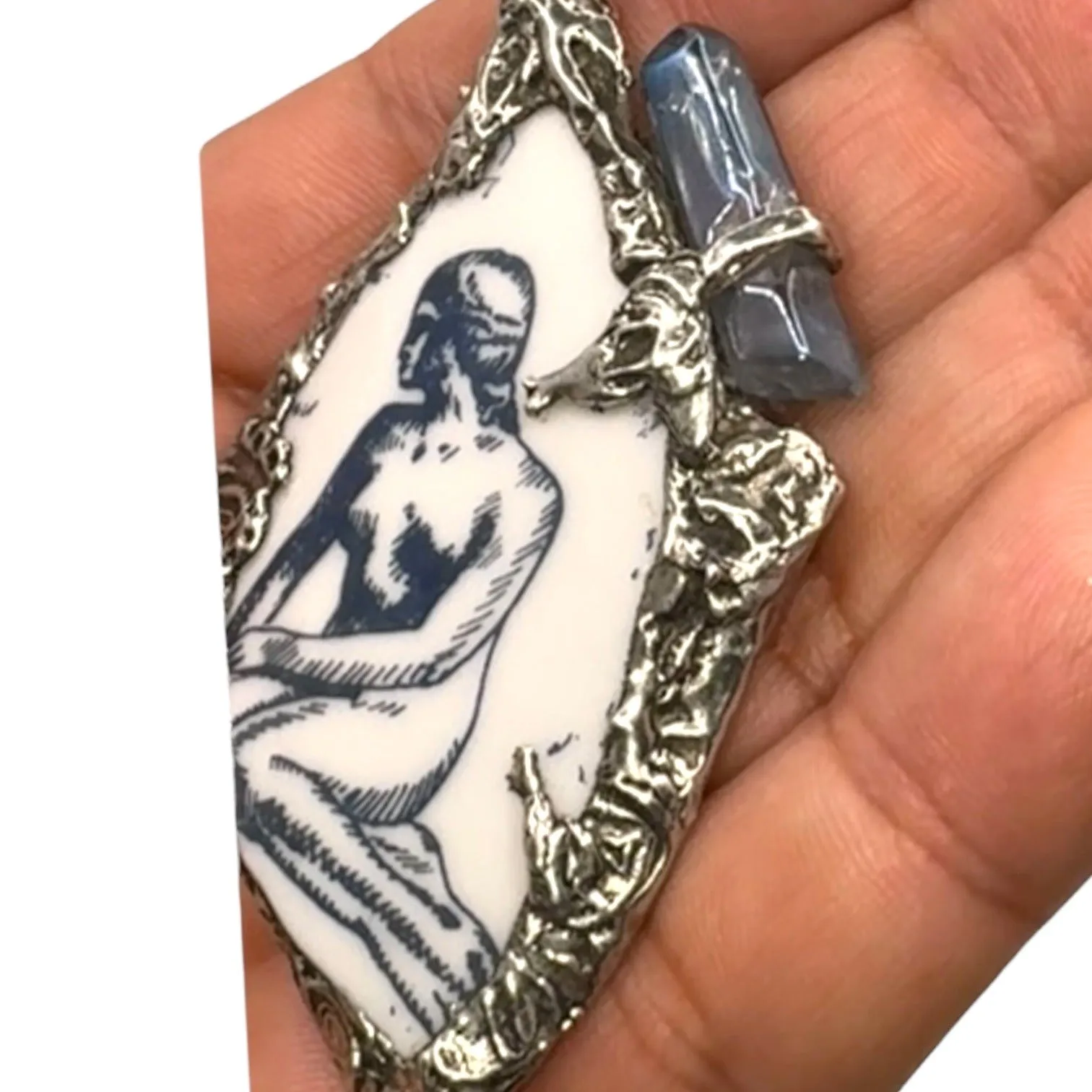 Handcrafted Little Mermaid Pendant From Broken Denmark Comm. Cup & Quartz Accent