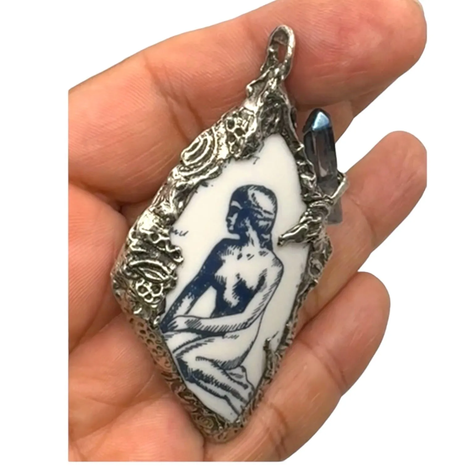 Handcrafted Little Mermaid Pendant From Broken Denmark Comm. Cup & Quartz Accent