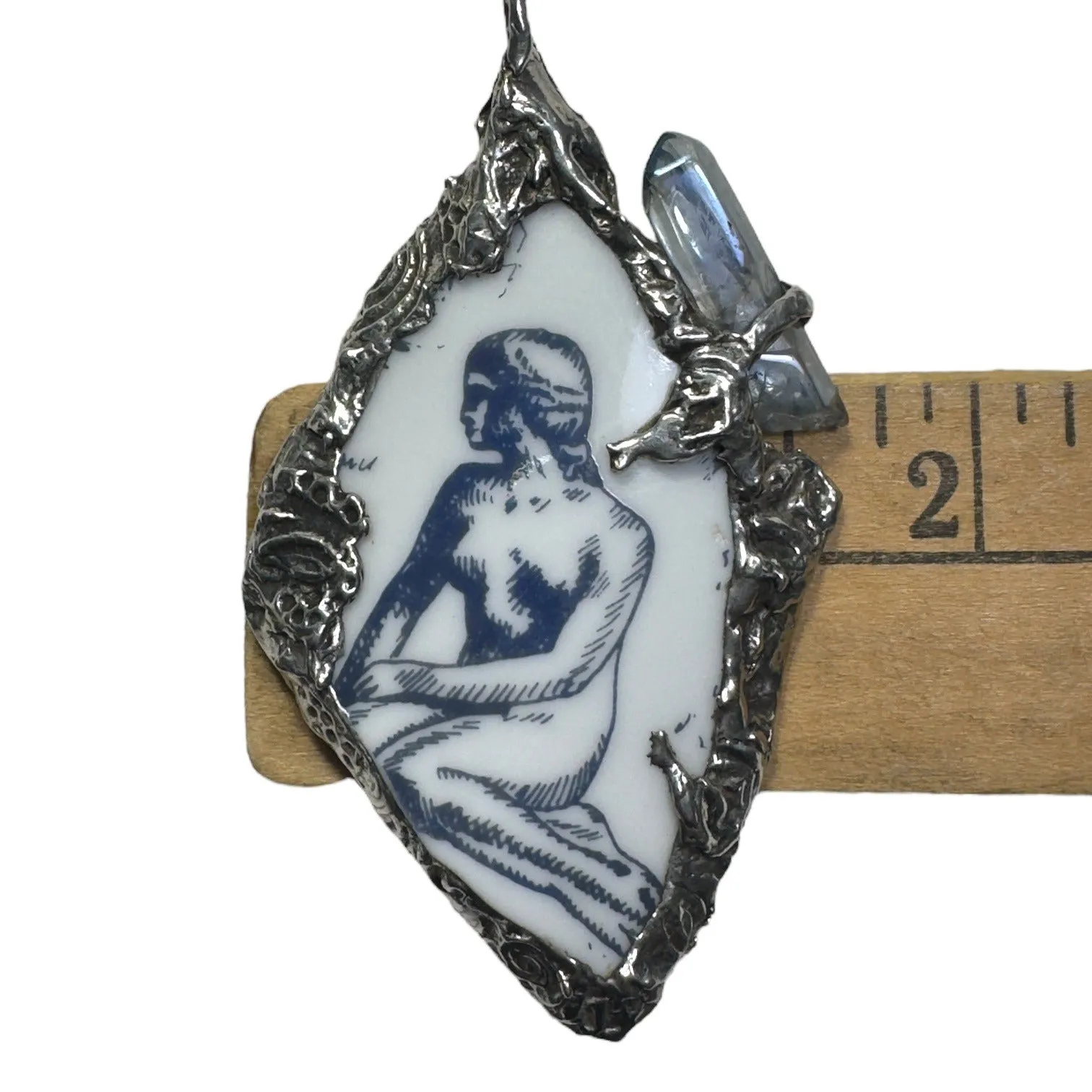 Handcrafted Little Mermaid Pendant From Broken Denmark Comm. Cup & Quartz Accent