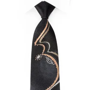 Indian Homme Rhinestone Silk Necktie Gold Silver Waves On Black With Sparkles