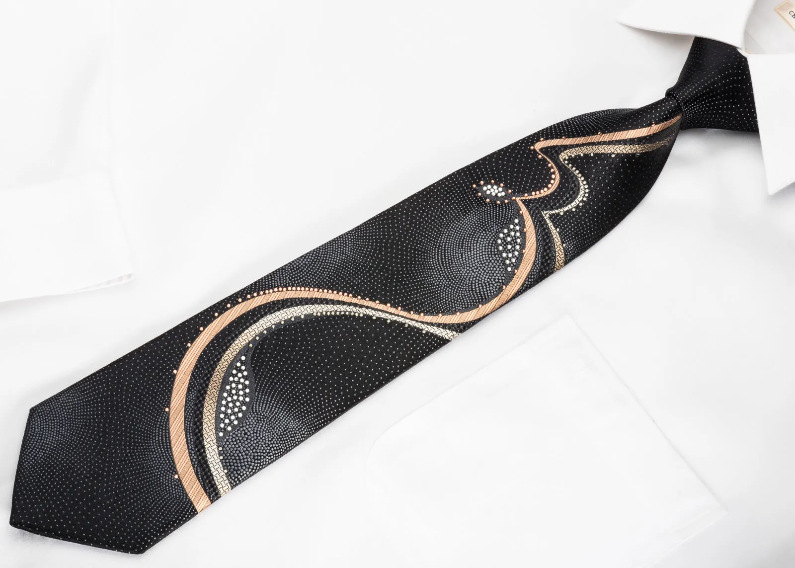 Indian Homme Rhinestone Silk Necktie Gold Silver Waves On Black With Sparkles